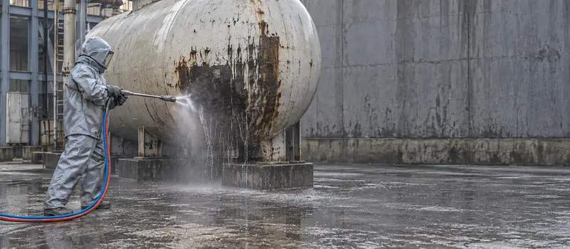 Cena ilustrativa de hidrojateamento industrial em superfície metálica com operador protegido.