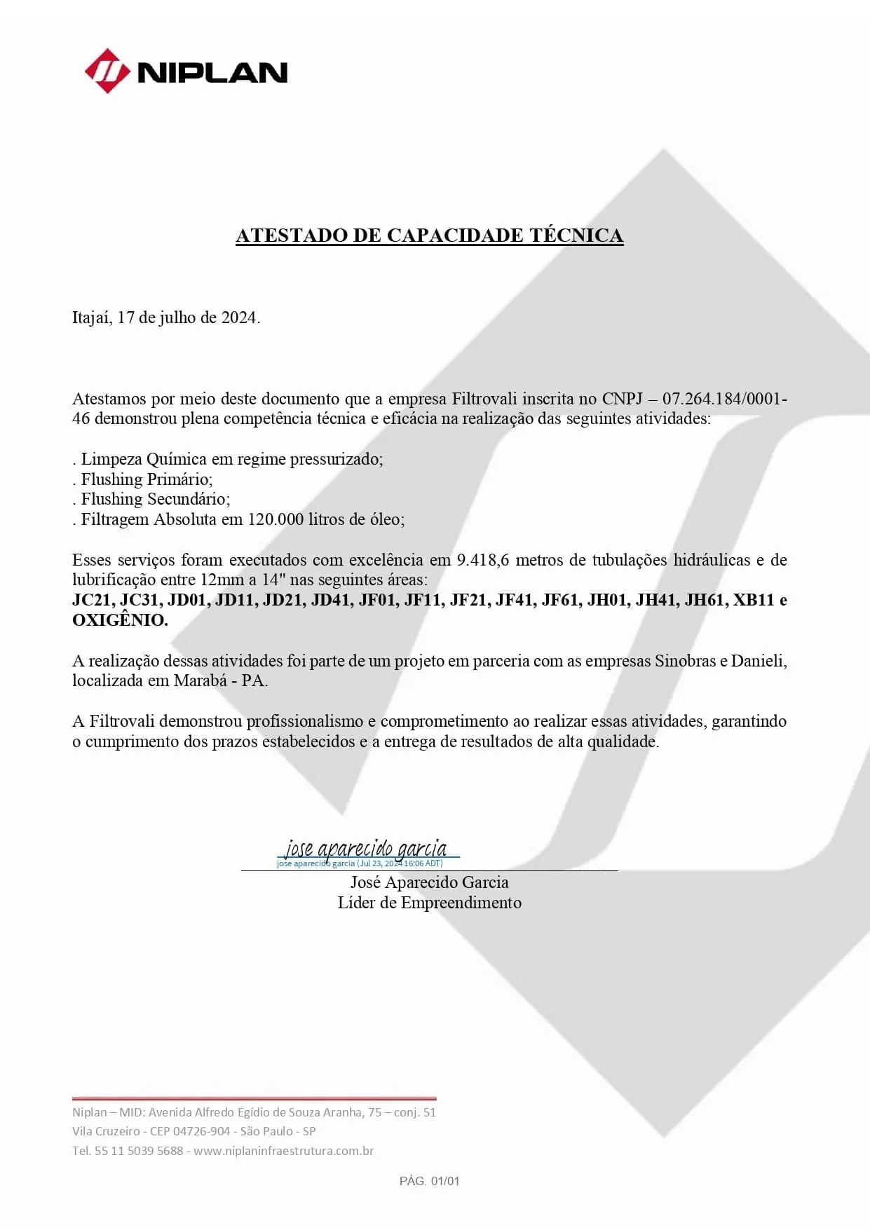 Atestado de capacidade técnica da Filtrovali 1