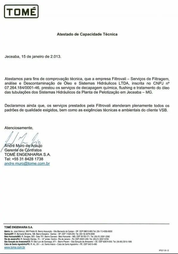 Atestado de capacidade técnica da Filtrovali 2