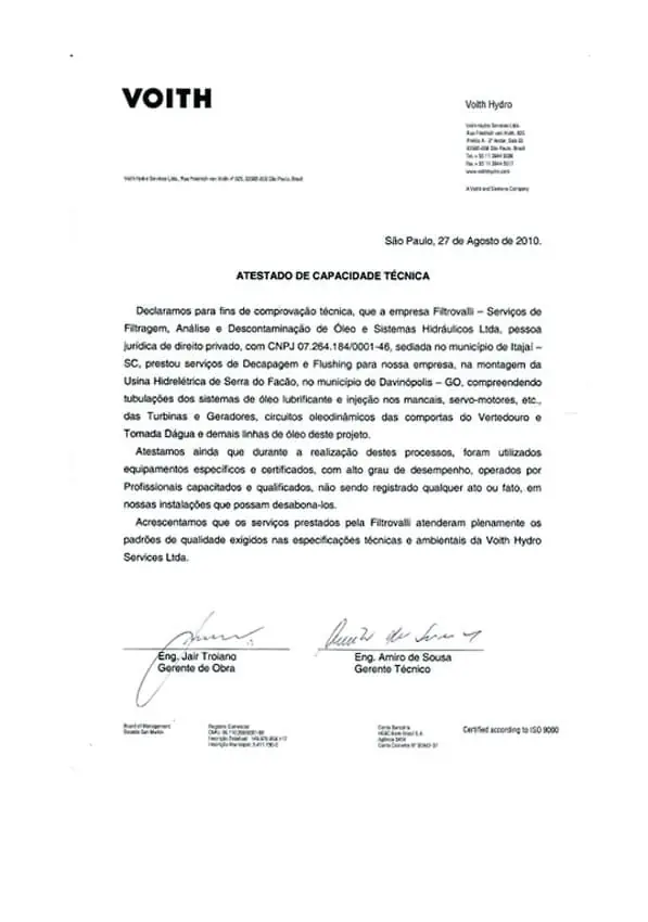 Atestado de capacidade técnica da Filtrovali 3